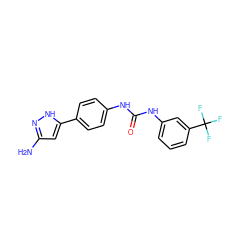 Nc1cc(-c2ccc(NC(=O)Nc3cccc(C(F)(F)F)c3)cc2)[nH]n1 ZINC000653835861