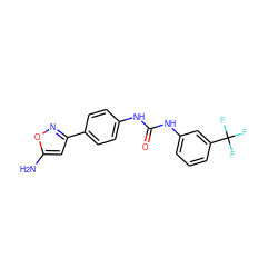 Nc1cc(-c2ccc(NC(=O)Nc3cccc(C(F)(F)F)c3)cc2)no1 ZINC000653835456