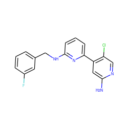 Nc1cc(-c2cccc(NCc3cccc(F)c3)n2)c(Cl)cn1 ZINC000116240998