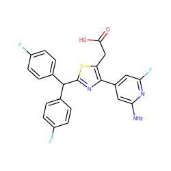 Nc1cc(-c2nc(C(c3ccc(F)cc3)c3ccc(F)cc3)sc2CC(=O)O)cc(F)n1 ZINC000045338805