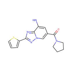 Nc1cc(C(=O)N2CCCC2)cn2nc(-c3cccs3)nc12 ZINC000026975784