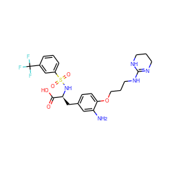 Nc1cc(C[C@H](NS(=O)(=O)c2cccc(C(F)(F)F)c2)C(=O)O)ccc1OCCCNC1=NCCCN1 ZINC000049677926