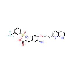 Nc1cc(C[C@H](NS(=O)(=O)c2cccc(C(F)(F)F)c2)C(=O)O)ccc1OCCCc1ccc2c(n1)NCCC2 ZINC000049677890