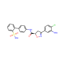 Nc1cc(C2=NO[C@@H](C(=O)Nc3ccc(-c4ccccc4S(N)(=O)=O)cc3)C2)ccc1Cl ZINC000013489888