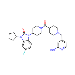 Nc1cc(CN2CCC(C(=O)N3CCC(n4c(=O)n(C5CCCC5)c5cc(F)ccc54)CC3)CC2)ccn1 ZINC000096285291