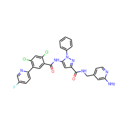 Nc1cc(CNC(=O)c2cc(NC(=O)c3cc(-c4ccc(F)cn4)c(Cl)cc3Cl)n(-c3ccccc3)n2)ccn1 ZINC001772636266