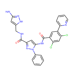 Nc1cc(CNC(=O)c2cc(NC(=O)c3cc(-c4ccccn4)c(Cl)cc3Cl)n(-c3ccccc3)n2)[nH]n1 ZINC001772629722