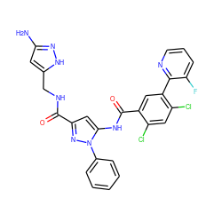 Nc1cc(CNC(=O)c2cc(NC(=O)c3cc(-c4ncccc4F)c(Cl)cc3Cl)n(-c3ccccc3)n2)[nH]n1 ZINC001772608118