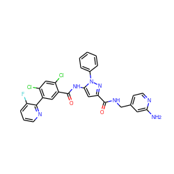 Nc1cc(CNC(=O)c2cc(NC(=O)c3cc(-c4ncccc4F)c(Cl)cc3Cl)n(-c3ccccc3)n2)ccn1 ZINC001772640032