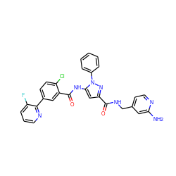 Nc1cc(CNC(=O)c2cc(NC(=O)c3cc(-c4ncccc4F)ccc3Cl)n(-c3ccccc3)n2)ccn1 ZINC001772579699