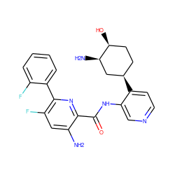 Nc1cc(F)c(-c2ccccc2F)nc1C(=O)Nc1cnccc1[C@@H]1CC[C@H](O)[C@H](N)C1 ZINC000168560826