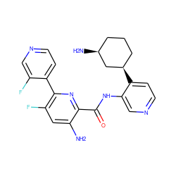 Nc1cc(F)c(-c2ccncc2F)nc1C(=O)Nc1cnccc1[C@@H]1CCC[C@H](N)C1 ZINC000140190574