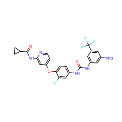 Nc1cc(NC(=O)Nc2ccc(Oc3ccnc(NC(=O)C4CC4)c3)c(F)c2)cc(C(F)(F)F)c1 ZINC001772632682