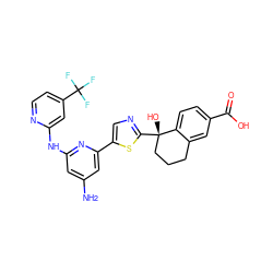 Nc1cc(Nc2cc(C(F)(F)F)ccn2)nc(-c2cnc([C@@]3(O)CCCc4cc(C(=O)O)ccc43)s2)c1 ZINC000169704394