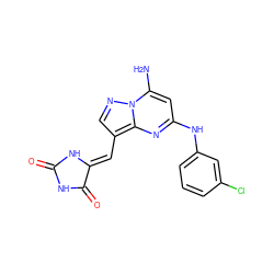 Nc1cc(Nc2cccc(Cl)c2)nc2c(/C=C3\NC(=O)NC3=O)cnn12 ZINC000117832439