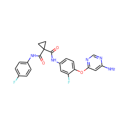 Nc1cc(Oc2ccc(NC(=O)C3(C(=O)Nc4ccc(F)cc4)CC3)cc2F)ncn1 ZINC001772620504