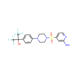 Nc1cc(S(=O)(=O)N2CCN(c3ccc(C(O)(C(F)(F)F)C(F)(F)F)cc3)CC2)ccn1 ZINC000103261656