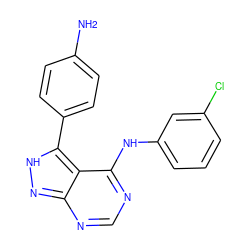 Nc1ccc(-c2[nH]nc3ncnc(Nc4cccc(Cl)c4)c23)cc1 ZINC000012352683