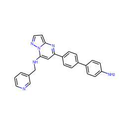 Nc1ccc(-c2ccc(-c3cc(NCc4cccnc4)n4nccc4n3)cc2)cc1 ZINC001772610377