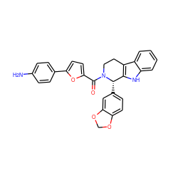 Nc1ccc(-c2ccc(C(=O)N3CCc4c([nH]c5ccccc45)[C@@H]3c3ccc4c(c3)OCO4)o2)cc1 ZINC000013487962