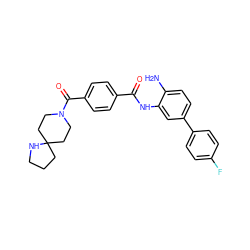 Nc1ccc(-c2ccc(F)cc2)cc1NC(=O)c1ccc(C(=O)N2CCC3(CCCN3)CC2)cc1 ZINC000040897338