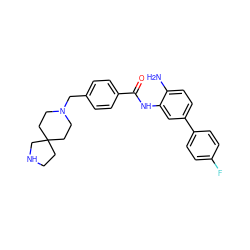 Nc1ccc(-c2ccc(F)cc2)cc1NC(=O)c1ccc(CN2CCC3(CCNC3)CC2)cc1 ZINC000040900959