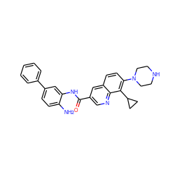 Nc1ccc(-c2ccccc2)cc1NC(=O)c1cnc2c(C3CC3)c(N3CCNCC3)ccc2c1 ZINC000144479171