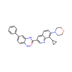 Nc1ccc(-c2ccccc2)cc1NC(=O)c1cnc2c(C3CC3)c(N3CCOCC3)ccc2c1 ZINC000144520544