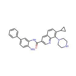 Nc1ccc(-c2ccccc2)cc1NC(=O)c1cnc2c(N3CCNCC3)c(C3CC3)ccc2c1 ZINC000144671988