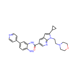 Nc1ccc(-c2ccncc2)cc1NC(=O)c1cnc2c(c1)cc(C1CC1)n2CCN1CCOCC1 ZINC000148221164