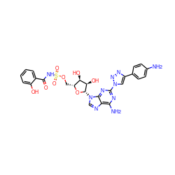 Nc1ccc(-c2cn(-c3nc(N)c4ncn([C@@H]5O[C@H](COS(=O)(=O)NC(=O)c6ccccc6O)[C@@H](O)[C@H]5O)c4n3)nn2)cc1 ZINC000058538092