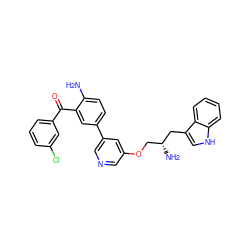 Nc1ccc(-c2cncc(OC[C@@H](N)Cc3c[nH]c4ccccc34)c2)cc1C(=O)c1cccc(Cl)c1 ZINC000014957545