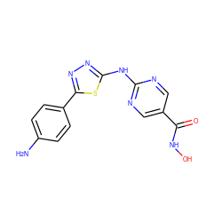 Nc1ccc(-c2nnc(Nc3ncc(C(=O)NO)cn3)s2)cc1 ZINC000072126277