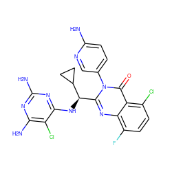 Nc1ccc(-n2c([C@@H](Nc3nc(N)nc(N)c3Cl)C3CC3)nc3c(F)ccc(Cl)c3c2=O)cn1 ZINC000220880365