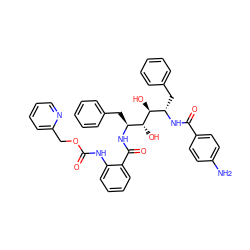 Nc1ccc(C(=O)N[C@@H](Cc2ccccc2)[C@H](O)[C@H](O)[C@H](Cc2ccccc2)NC(=O)c2ccccc2NC(=O)OCc2ccccn2)cc1 ZINC000027107494