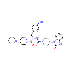 Nc1ccc(C[C@@H](NC(=O)N2CCC(n3c(=O)[nH]c4ccccc43)CC2)C(=O)N2CCC(N3CCCCC3)CC2)cc1 ZINC000084707454