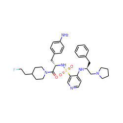 Nc1ccc(C[C@H](NS(=O)(=O)c2cnccc2N[C@@H](Cc2ccccc2)CN2CCCC2)C(=O)N2CCC(CCF)CC2)cc1 ZINC000027107072