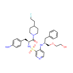 Nc1ccc(C[C@H](NS(=O)(=O)c2cnccc2N[C@H](COCCO)Cc2ccccc2)C(=O)N2CCC(CCF)CC2)cc1 ZINC000027180385