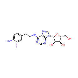 Nc1ccc(CCNc2ncnc3c2ncn3[C@@H]2O[C@H](CO)[C@@H](O)[C@H]2O)cc1I ZINC000012405714