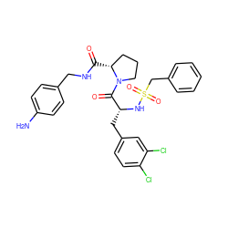 Nc1ccc(CNC(=O)[C@@H]2CCCN2C(=O)[C@@H](Cc2ccc(Cl)c(Cl)c2)NS(=O)(=O)Cc2ccccc2)cc1 ZINC000027202396