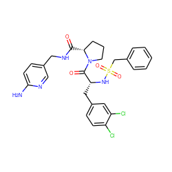 Nc1ccc(CNC(=O)[C@@H]2CCCN2C(=O)[C@@H](Cc2ccc(Cl)c(Cl)c2)NS(=O)(=O)Cc2ccccc2)cn1 ZINC000027200293