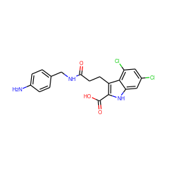 Nc1ccc(CNC(=O)CCc2c(C(=O)O)[nH]c3cc(Cl)cc(Cl)c23)cc1 ZINC000029393360