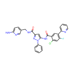 Nc1ccc(CNC(=O)c2cc(NC(=O)c3cc(-c4ccccn4)c(F)cc3Cl)n(-c3ccccc3)n2)cn1 ZINC001772628867