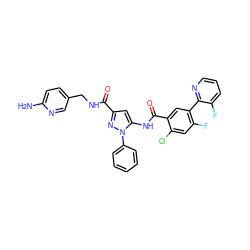 Nc1ccc(CNC(=O)c2cc(NC(=O)c3cc(-c4ncccc4F)c(F)cc3Cl)n(-c3ccccc3)n2)cn1 ZINC001772653545