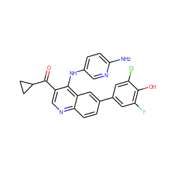 Nc1ccc(Nc2c(C(=O)C3CC3)cnc3ccc(-c4cc(F)c(O)c(Cl)c4)cc23)cn1 ZINC000219368262