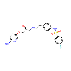 Nc1ccc(OC[C@@H](O)CNCCc2ccc(NS(=O)(=O)c3ccc(F)cc3)cc2)cn1 ZINC000026189716