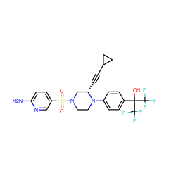 Nc1ccc(S(=O)(=O)N2CCN(c3ccc(C(O)(C(F)(F)F)C(F)(F)F)cc3)[C@@H](C#CC3CC3)C2)cn1 ZINC000103263625