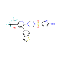 Nc1ccc(S(=O)(=O)N2CCN(c3ncc(C(O)(C(F)(F)F)C(F)(F)F)cc3-c3ccc4sccc4c3)CC2)cn1 ZINC000299828189