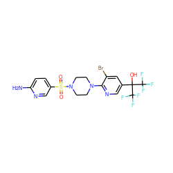 Nc1ccc(S(=O)(=O)N2CCN(c3ncc(C(O)(C(F)(F)F)C(F)(F)F)cc3Br)CC2)cn1 ZINC000299827598