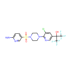 Nc1ccc(S(=O)(=O)N2CCN(c3ncc(C(O)(C(F)(F)F)C(F)(F)F)cc3Cl)CC2)cn1 ZINC000299830573